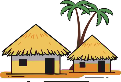 Tropical huts with palm trees and thatched roofs illustration for island lifestyle and beach scenery vector