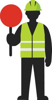 Construction worker in fluorescent yellow vest and helmet holding red stop sign illustration for safety and traffic control vector