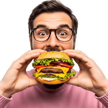 Male Model with glasses Eating a delicious, delicious double cheeseburger, Burger Food Photography. png