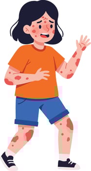 Child with skin rash walking in orange shirt and blue shorts illustration of childhood illness and discomfort vector
