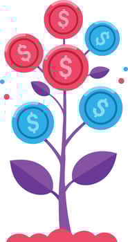 Money tree with red and blue coins symbolizing financial growth and investment opportunities illustration vector