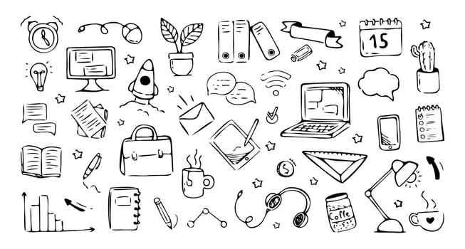 Business doodles, hand drawn sketch on white paper. Business teamwork, office, career concept doodle line sketch style pattern with money, rocket, calculator element vector