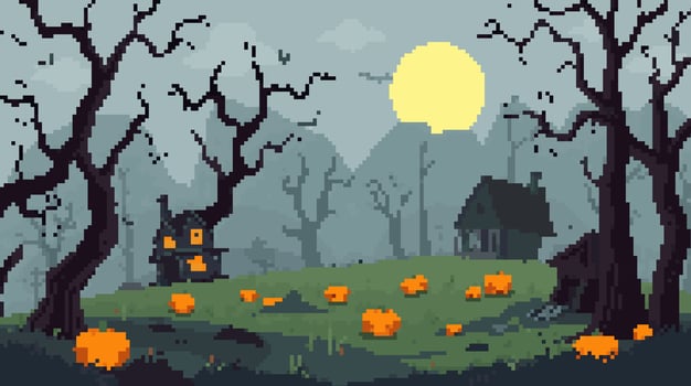 Pixel art Halloween scene with pumpkins vector
