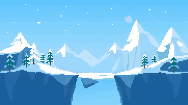 Pixel art winter mountain scene vector