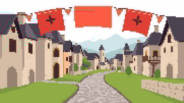 Pixel art village with banners vector
