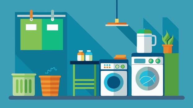 A laundry room with a washer and dryer that use minimal water and energy and a drying rack made from recycled materials.. vector