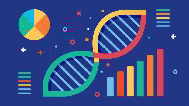 DNA Helix with Data A stylized DNA double helix in the background overlaid with numerical data and graphs representing biological age assessments.. vector