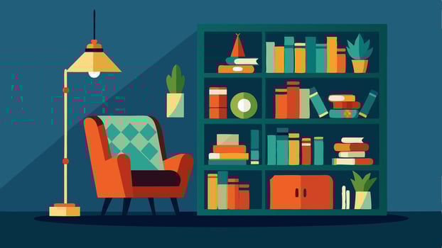 A home library with shelves made from reclaimed wood a reading chair made from repurposed fabric and energyefficient lighting.. vector