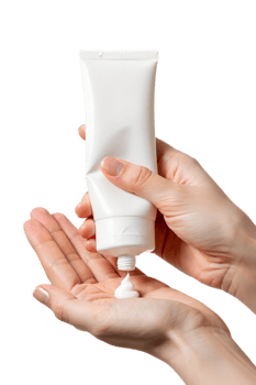 Applying creamy skincare product to open palm, beauty routine step isolated, moisturizer or serum application png