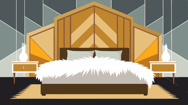 A luxurious bedroom with a plush white fur rug a metallic wallpapered accent wall and a geometric art deco headboard.. vector