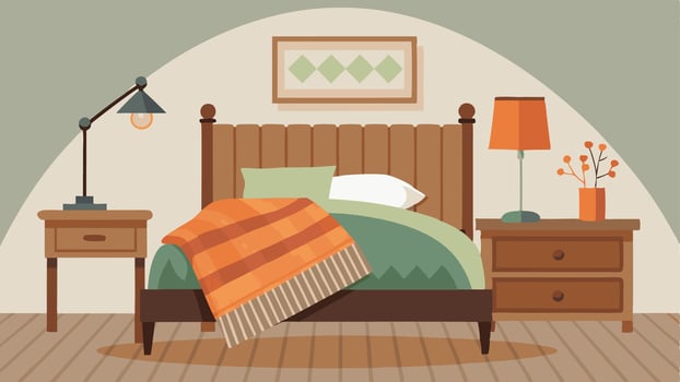 A guest bedroom with a rustic wooden headboard a metal side table and a cozy knit throw blanket.. vector