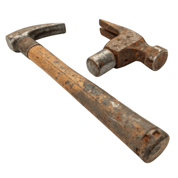Two old rusty hammers isolated on transparent background png
