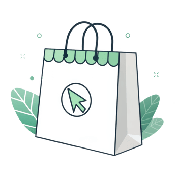 White shopping bag with green accents and cursor icon isolated on transparent background png