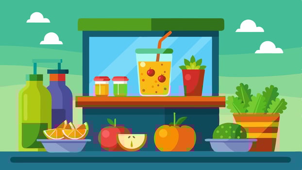A juice bar with an assortment of fresh fruits and vegetables ready to be juiced and blended into colorful drinks.. vector