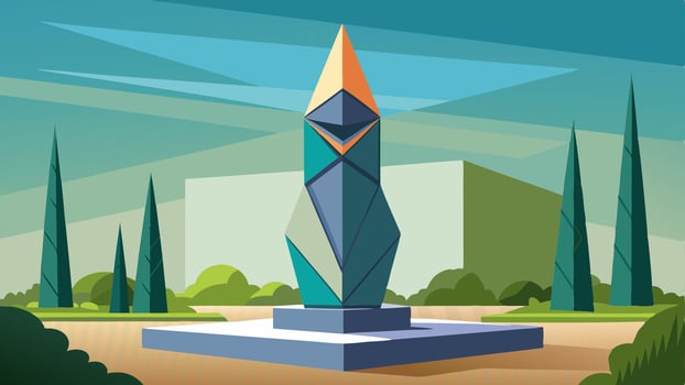 A modern geometric sculpture standing tall in one corner of the garden providing a unique focal point and adding an artistic touch to the space.. vector