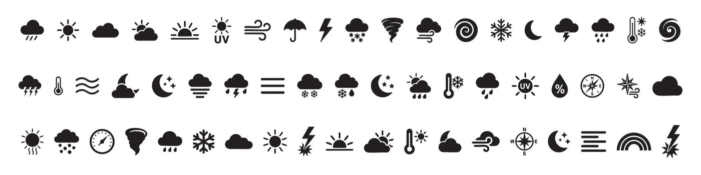 Set of Black silhouettes of various weather icons including sun, cloud, lightning, wind and other isolated on white background. concept of meteorology, climate symbols, illustration, collection vector