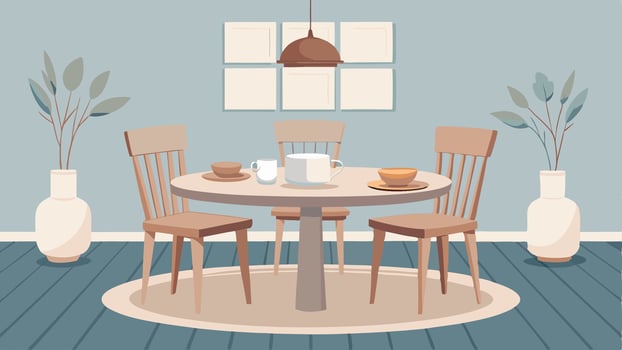 An airy dining room with a low round wooden table and a set of simple white chairs. The table is set with elegant mutedcolored dishes and a striking woven clay centerpiece.. vector