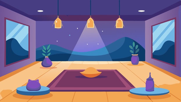 A meditation room with soft lighting and comfortable floor cushions.. vector