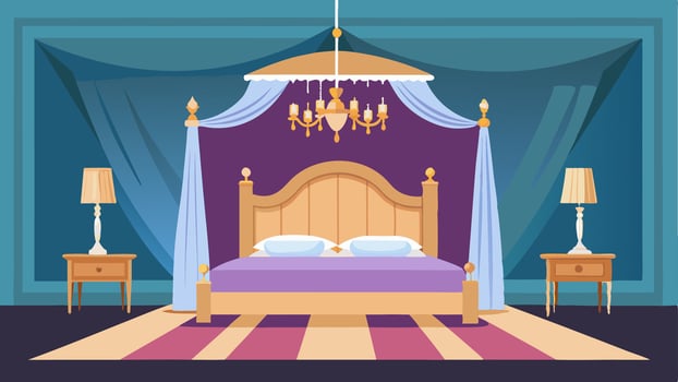 A grand crystal chandelier hanging above a luxurious fourposter bed in a gl master bedroom.. vector