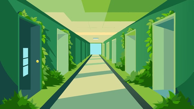 A hallway with a living green wall running the length of the space bringing a touch of nature to an often forgotten area of the home.. vector