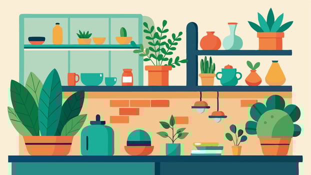 A kitchen with open shelves filled with ceramic planters and herb gardens bringing a touch of the tropics into meal prep.. vector