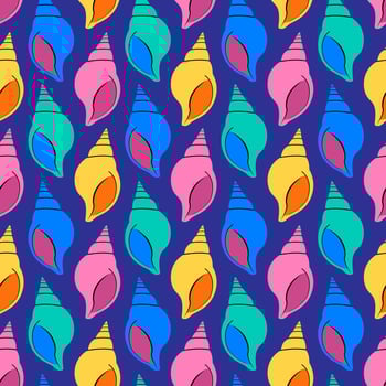 Vibrant Seashell seamless pattern on blue background in flat style vector
