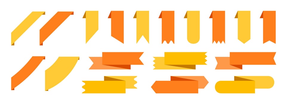 Bookmarks and ribbon banners set. Yellow and orange note and mark elements collection. Different labels and badges pack for promotion, product decoration, price tag, discount sticker. vector