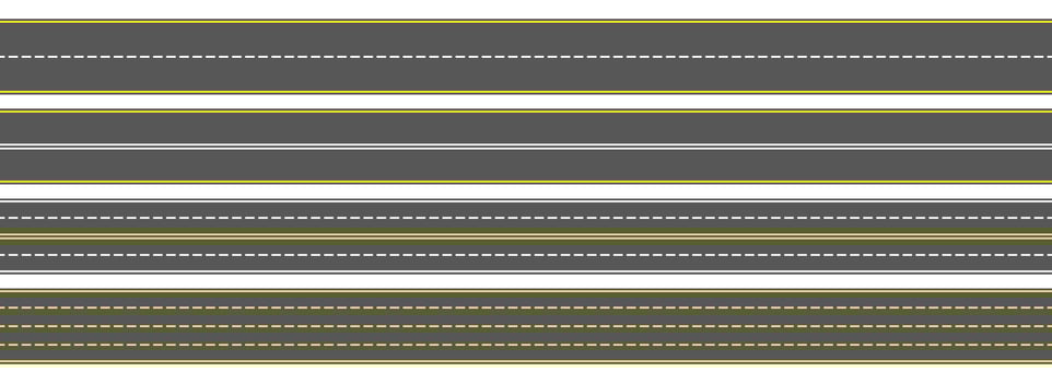 Top view road markings set. Highway lines and race tracks set. Seamless straight street road pack. Town or city pavement asphalt repeated patten. Horizontal roadway drive stripes bundle. vector