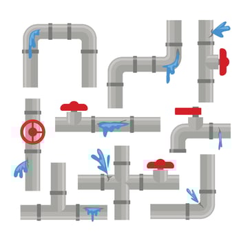 Colorful plumbing pipes with water leaks vector