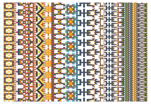 A vibrant repeat textile pattern featuring bold geometric designs in warm colors, arranged in vertical stripes across a white background. vector