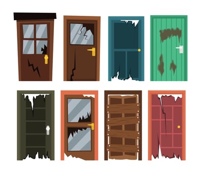 Set of broken door set collection, strict dark wood doors with glass inserts, outdoor building furniture trash, shattered or cracked glass window, repair and replacement of entrance doors. vector