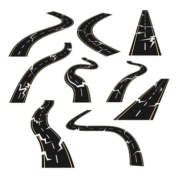 Set of broken road crack set collection, Earth break ground and crack hole, Broken concrete floor texture. Isolated split and damage fracture, realistic fissure destruction illustration. vector