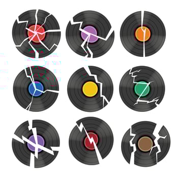 Set of broken records collection, Broken compact cd cassette illustration, Cool circle shaped, destroyed and wrecked cd, Broken Blank Vinyl Broken vinyl record with unlabeled red center. vector