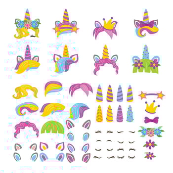 Set of Unicorn creation kit of cute cartoon unicorn character illustration. Create your own unicorn face, childish magical elements, Set of girly stickers. Horn, flowers, eyes, flower, crown, ears. vector