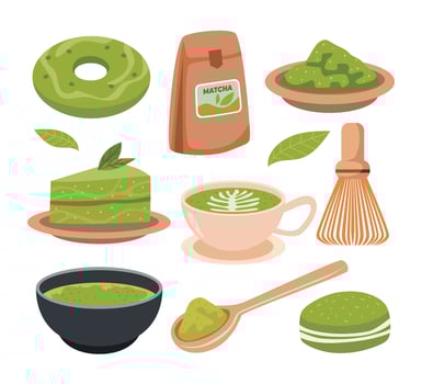Set of various matcha green tea collection, spoon, donut, tea leaves, organic tea matcha powder, teapot, matcha latte, macarons, traditional cup, whisk, Japanese ceremony tools. Asian healthy drink. vector