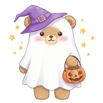 Cute bear in a ghost costume with a witch hat holding a pumpkin, perfect for Halloween celebrations and seasonal decor, fun and whimsical illustration png