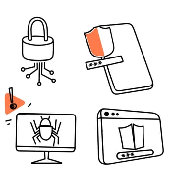 hand drawn doodle cyber security icon related collection vector