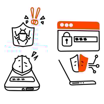 a set of icons depicting various types of security network in doodle vector