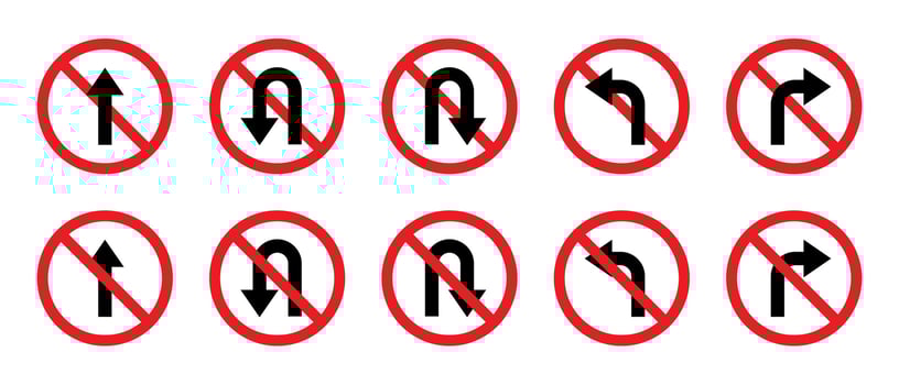 Traffic signs icon set with turn restrictions. Red circle symbols for road direction control vector
