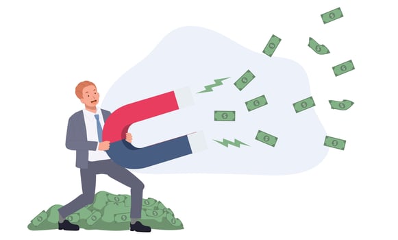 Printbusinessman hold high power magnet to draw money banknotes. Money magnet. earn more profit concept. illustration. vector