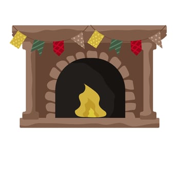 Cozy fireplace decorated with festive banners during winter holiday season vector