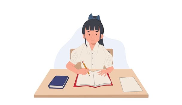 girl in student Uniform is learning in classroom.lecturing. taking note in book. Asian student. illustration. vector