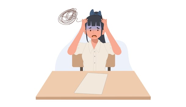 girl in student Uniform is got headache when doing an exam. Student girl can't do the exam. stressful, worried. Asian student. illustration. vector