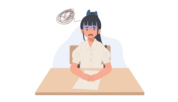 girl in student Uniform getting worry due to can't do the exam. stressful, worried. Asian student. illustration. vector