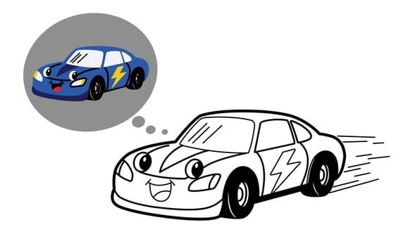 Black and white cartoon race car imagining itself as a fast blue lightning-themed race car. This fun and creative coloring page is perfect for children's educational and artistic activities. vector