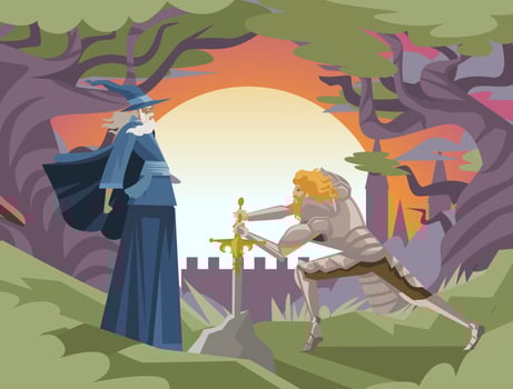 Wizard and knight in fantasy landscape vector