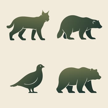 Wildlife silhouette icon set, wolf, bear, pigeon, wild boar vector