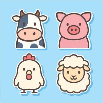 Baby animal sticker set, cow, pig, chicken, sheep vector