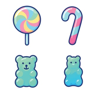 Candy treat icon collection, lollipop, candy cane, gummy bears vector