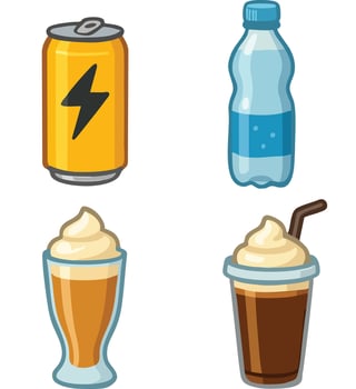 Battery and beverage icon collection, energy, water, cold drink, milkshake vector